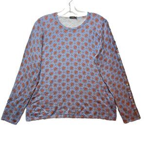 J McLaughlin Blue Red Floral Geometric Knit Pullover Sweater Sz L Sleeve Buttons